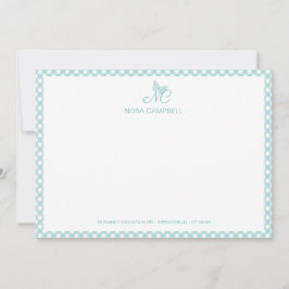 Elegant Butterfly Monogram Turkvoise Gingham Anteckningskort