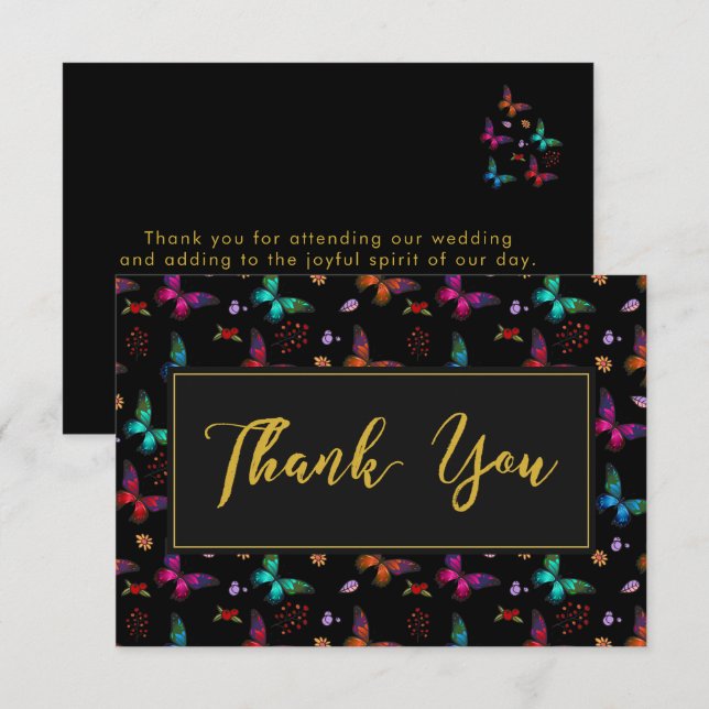Elegant Butterfly Mönster på Svarta Bröllop tack Inbjudningar (Fram/baksida)