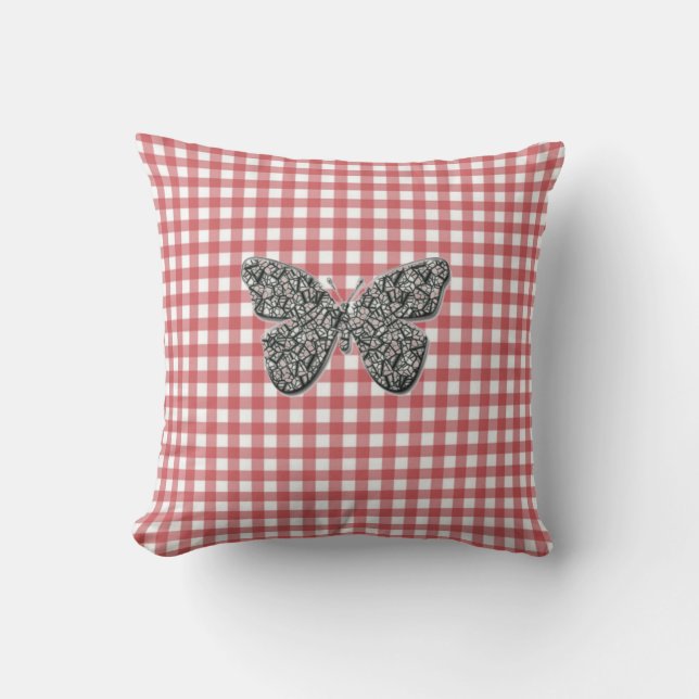 Elegant Butterfly On Red Gingham Cushion Kudde (Framsida)