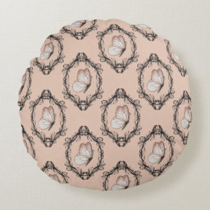 Elegant Butterfly Rosa Victorian Damask Rund Kudde