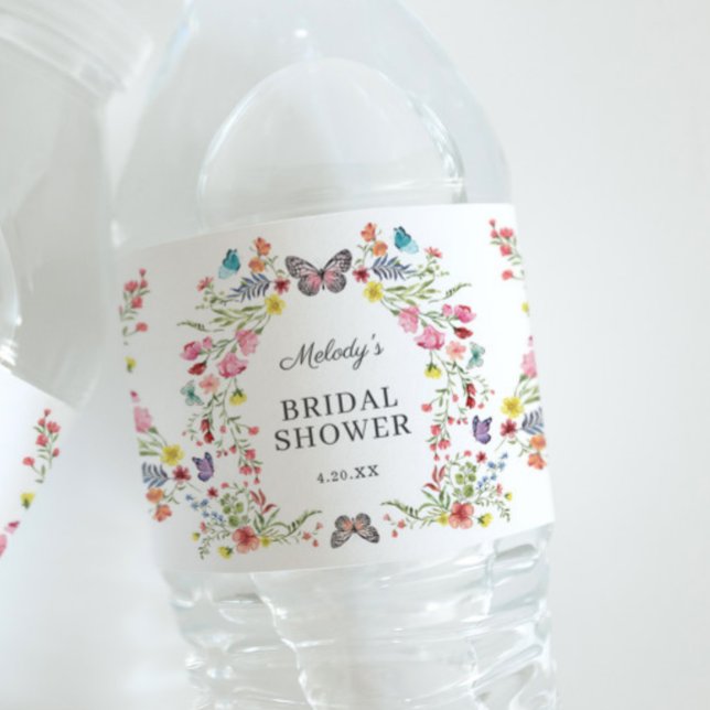 Elegant Butterfly WildblomBlommigt Möhippa Vattenflaskor Etikett (Elegant Butterfly Wildflower Floral Bridal Shower Water Bottle Label)
