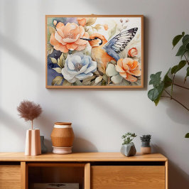 Elegant Butterfly Winged Bird and Blooms Art Poster