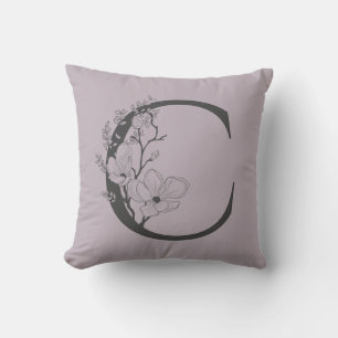 Elegant C Boho Blommigt Monogram Initial Lilac Grå Kudde