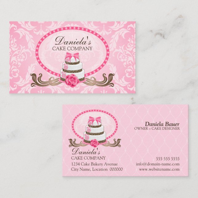 Elegant Cake Bakery Damask Visitkort (Fram/baksida)