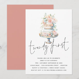 Elegant Cake Dusty Rosa Peach Script 21:a födelsed Inbjudningar