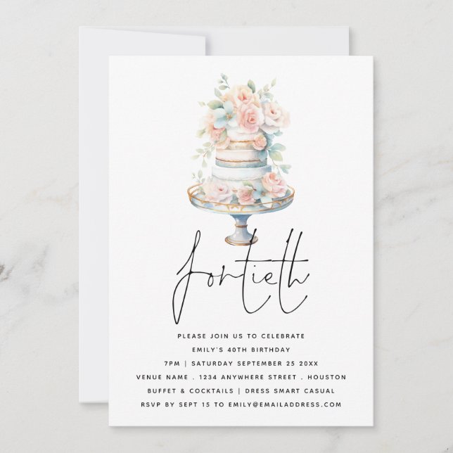 Elegant Cake Dusty Rosa Peach Script 40:e födelsed Inbjudningar (Framsida)