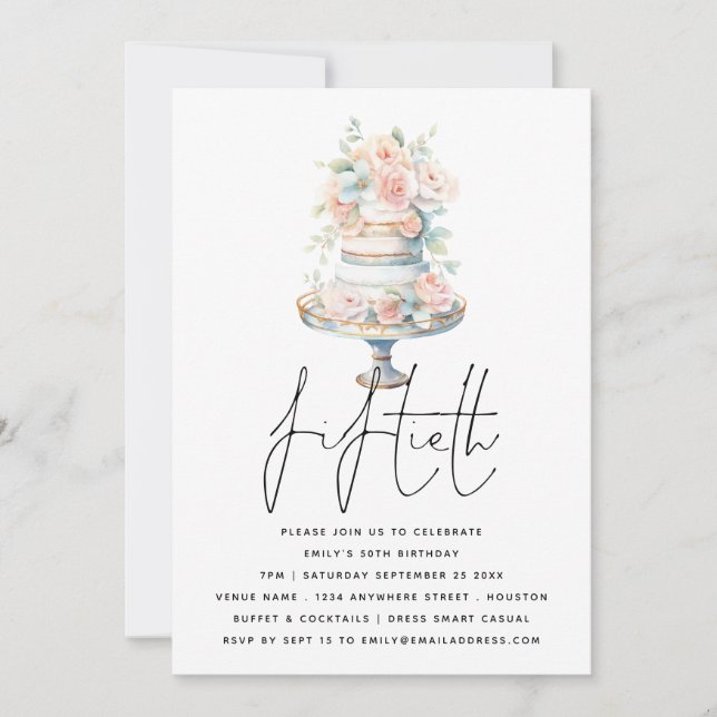 Elegant Cake Dusty Rosa Peach Script 50:e födelsed Inbjudningar (Framsida)