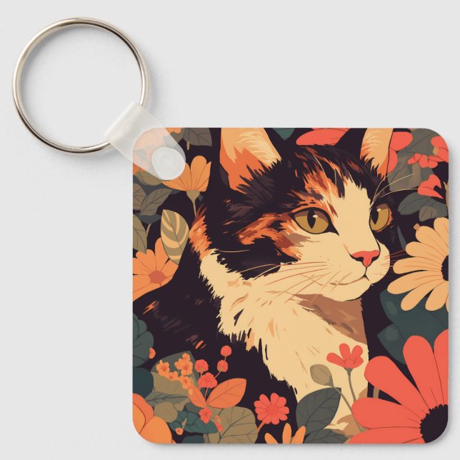 Elegant Calico Cat i Blommigt Garden Keychain Nyckelring (Framsida)