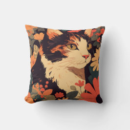 Elegant Calico Cat i Blommigt Garden Kudde