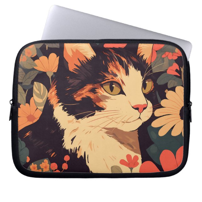 Elegant Calico Cat i Blommigt Garden Laptop sleeve (Framsidan)