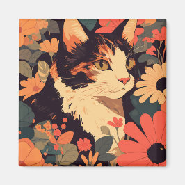 Elegant Calico Cat i Blommigt Garden Magnet