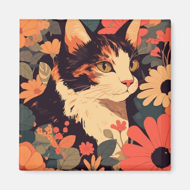 Elegant Calico Cat i Blommigt Garden Magnet (Framsidan)