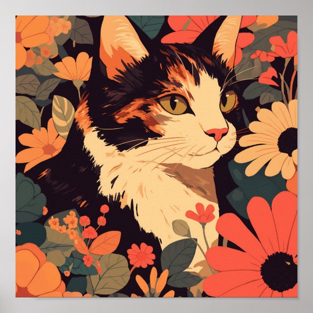 Elegant Calico Cat i Blommigt Garden Matte Poster (Framsidan)
