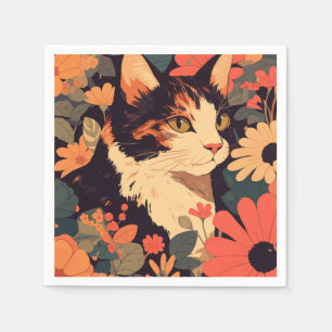 Elegant Calico Cat i Blommigt Garden Pappersservett