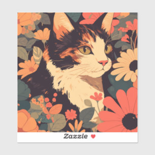 Elegant Calico Cat i Blommigt Garden Vinyl Sticker Klistermärken