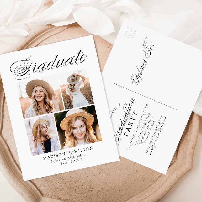 Elegant Calligraphy 4 Photo Studentfest Inbjudan Vykort (Skapare uppladdad)