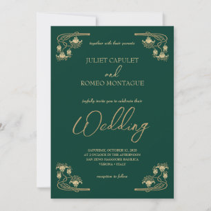 Elegant calligraphy & ArtDeco guld & grönt bröllop Inbjudningar