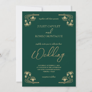 Elegant calligraphy & ArtDeco guld & grönt bröllop Inbjudningar