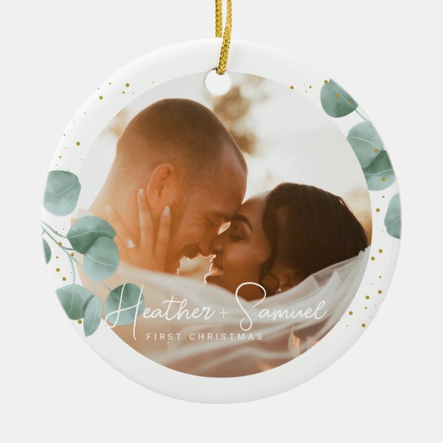 Elegant Calligraphy | Ät och gift foto Julgransprydnad Keramik (Framsidan)