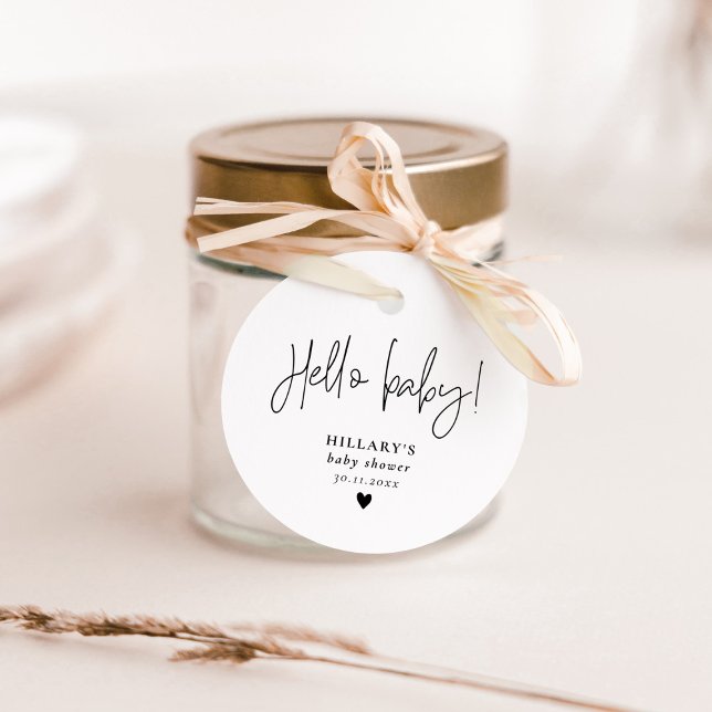 Elegant Calligraphy Baby Shower Hej baby Gåvor Etiketter (Elegant Calligraphy Baby Shower Hello baby Favor Tags)