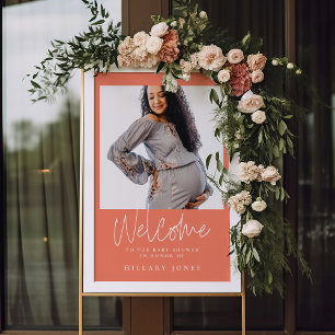 Elegant Calligraphy Baby Shower Peach Välkommen Poster