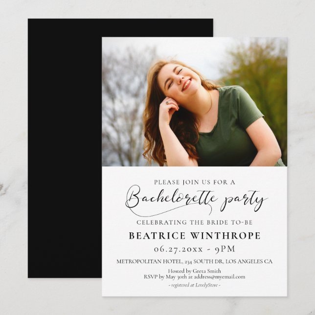 Elegant calligraphy Bachelorette Party-foto Inbjudningar (Fram/baksida)