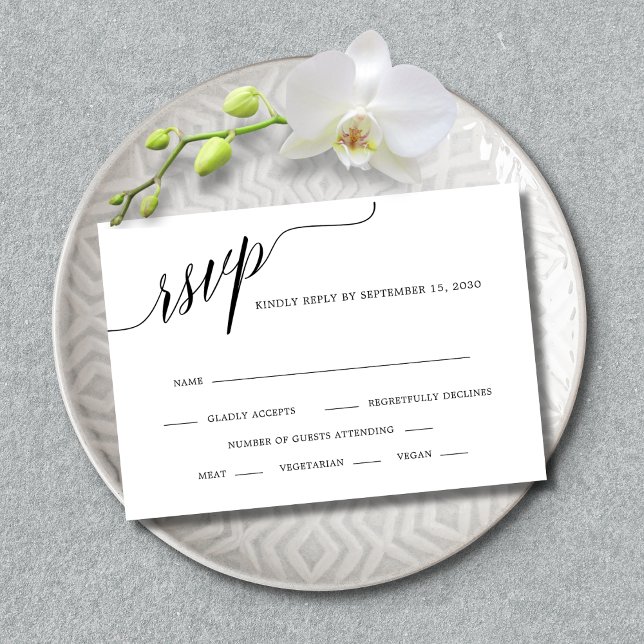Elegant Calligraphy Black and White Bröllop OSA Kort (Wedding Invitation RSVP Enclosure Card - Elegant Splendor Calligraphy - White)