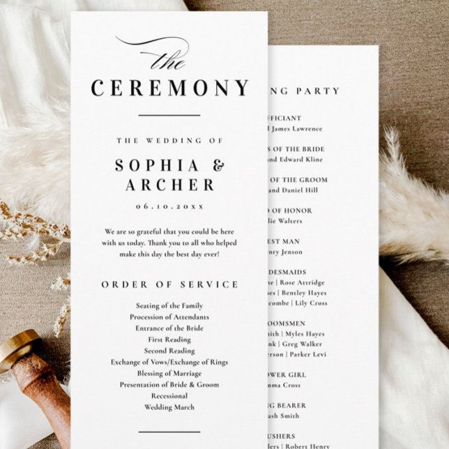 Elegant Calligraphy Black and White Bröllop Program (Elegant simple black and white wedding ceremony program.)