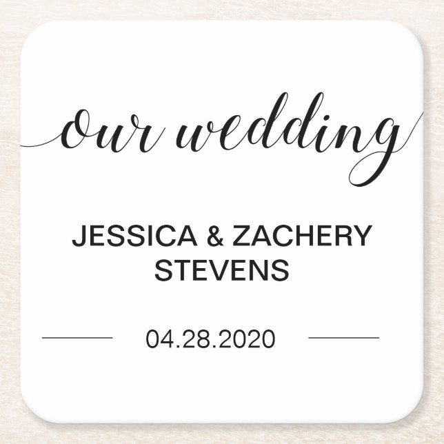 Elegant Calligraphy Black and White Bröllop Underlägg Papper Kvadrat (Framsidan)