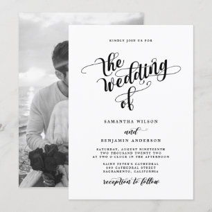 Elegant Calligraphy Black and White Photo Bröllop Inbjudningar