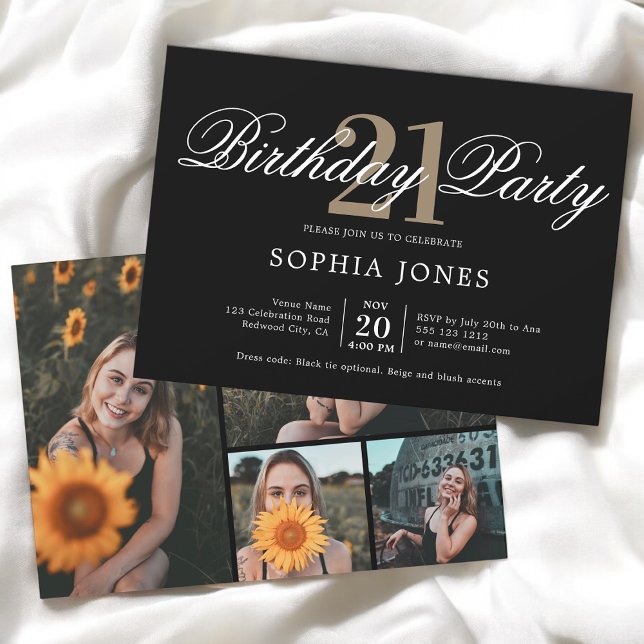 Elegant Calligraphy Black Birthday Photo Inbjudningar (Skapare uppladdad)