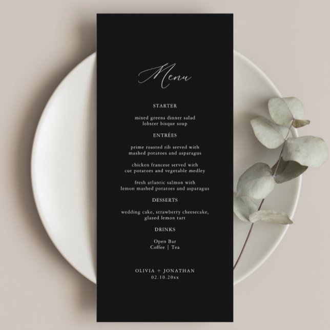 Elegant Calligraphy Black Bröllop Menu Meny (Skapare uppladdad)