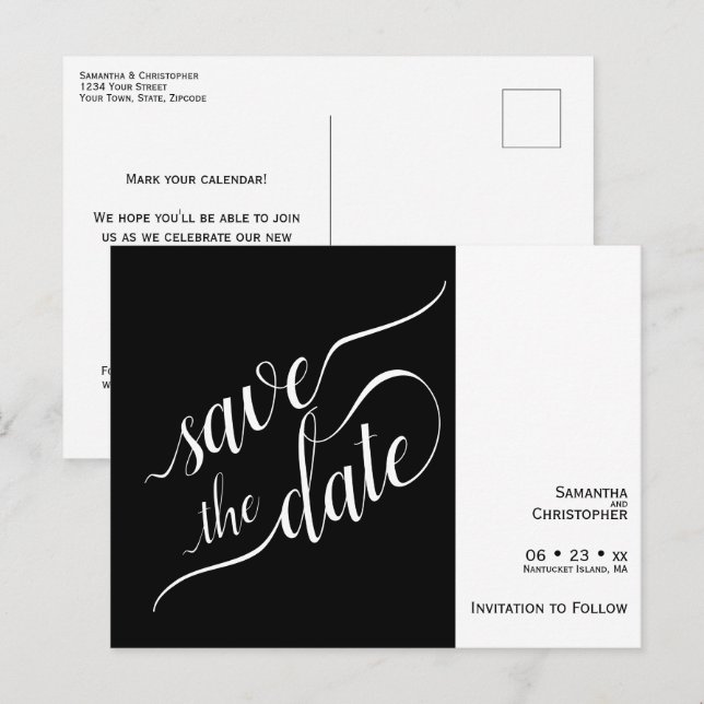Elegant Calligraphy Black Bröllop spara datum Meddelande Vykort (Fram/baksida)