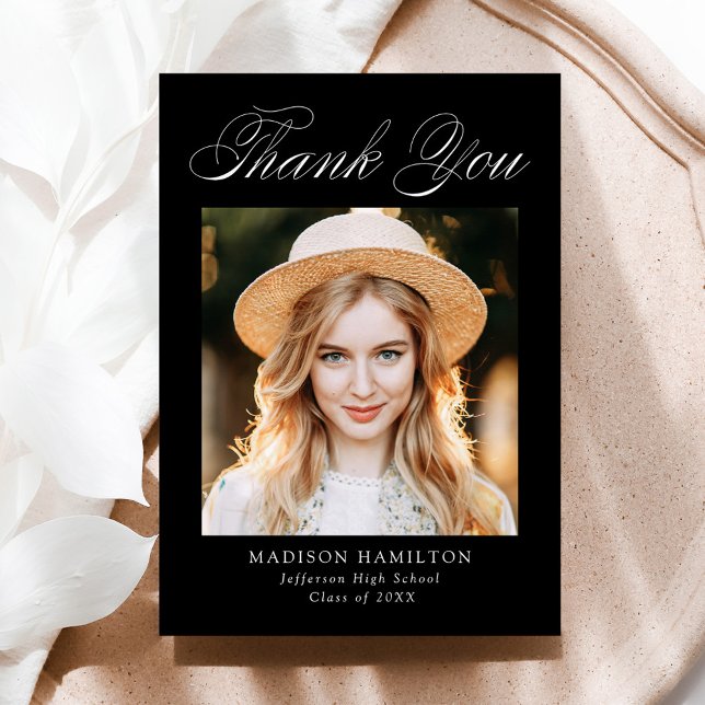 Elegant Calligraphy Black Photo Studenten Tack Kort (Skapare uppladdad)