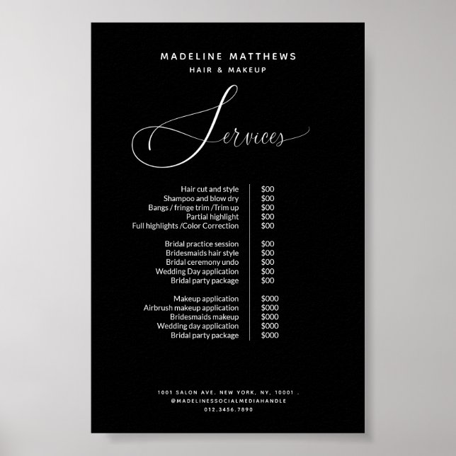 Elegant Calligraphy Black Salon Pris List Service Poster (Framsidan)