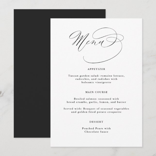Elegant Calligraphy Black White Bröllop Menu (Fram/baksida)