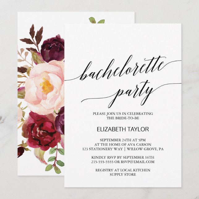 Elegant Calligraphy | Blommigt Bachelorette Party Inbjudningar (Fram/baksida)