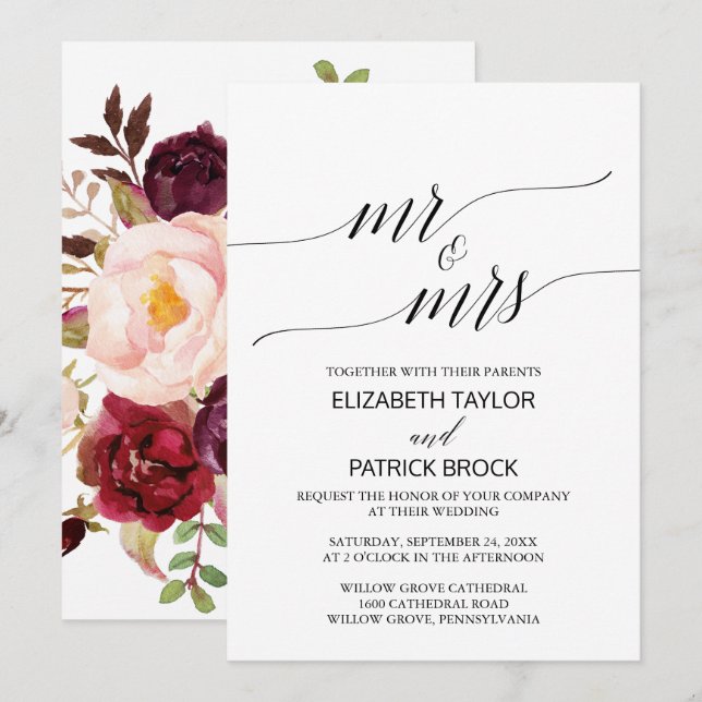 Elegant Calligraphy | Blommigt "Mr & Mrs." Bröllop Inbjudningar (Fram/baksida)