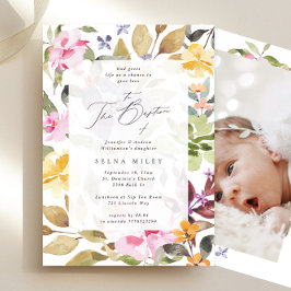 Elegant Calligraphy Blommigt Ram Baptism Photo Inbjudningar
