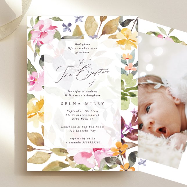 Elegant Calligraphy Blommigt Ram Baptism Photo Inbjudningar (Skapare uppladdad)