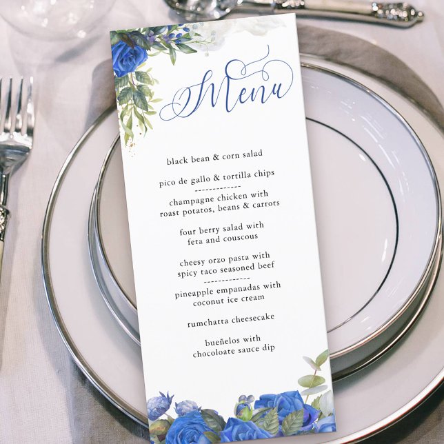 Elegant Calligraphy Blue Ro and Eucalyptus Meny (Menu with personalized message on the back. Floral blue rose design with elegant calligraphy)