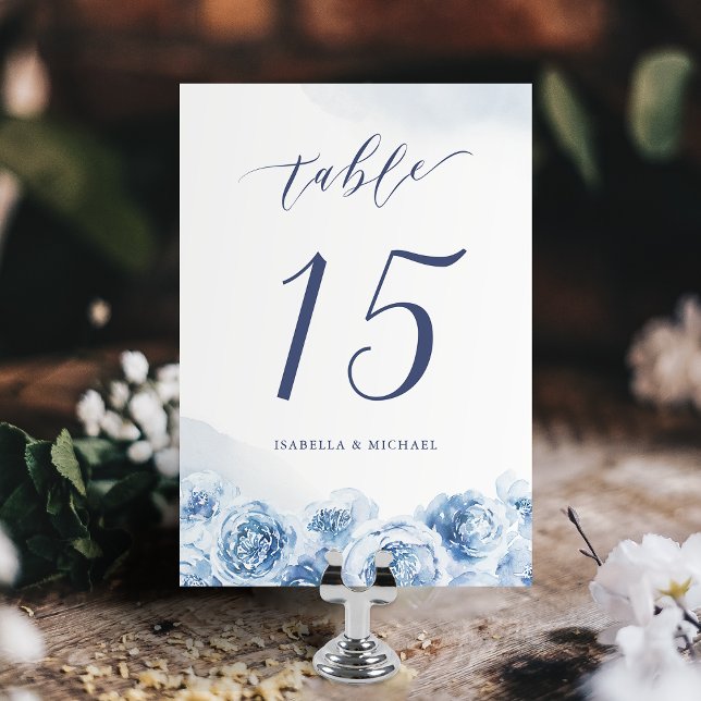 Elegant calligraphy blue water blommigt bröllop bordsnummer (Elegant calligraphy blue watercolor floral wedding table number)