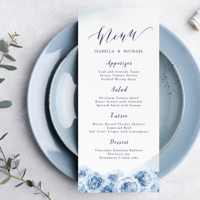 Elegant calligraphy blue water blommigt bröllop meny (Elegant calligraphy blue watercolor floral wedding menu)