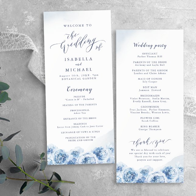 Elegant calligraphy blue water blommigt bröllop program (Elegant calligraphy blue watercolor floral wedding program)