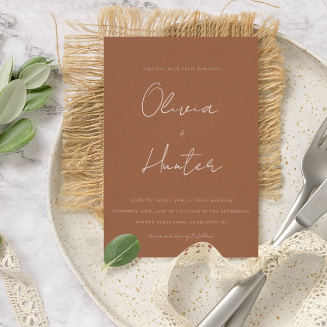 Elegant Calligraphy Boho Terracotta Bröllop Inbjudningar (Skapare uppladdad)