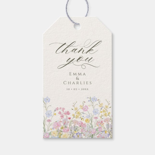 Elegant Calligraphy Boho Wildflowers Wedding Presentetikett (Framsidan)