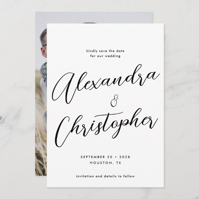 Elegant Calligraphy Bröllop Förlovning Photo Spara Datumet (Fram/baksida)