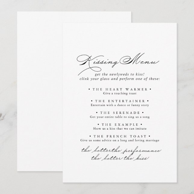 Elegant Calligraphy Bröllop Kissing Menu Game Card (Fram/baksida)