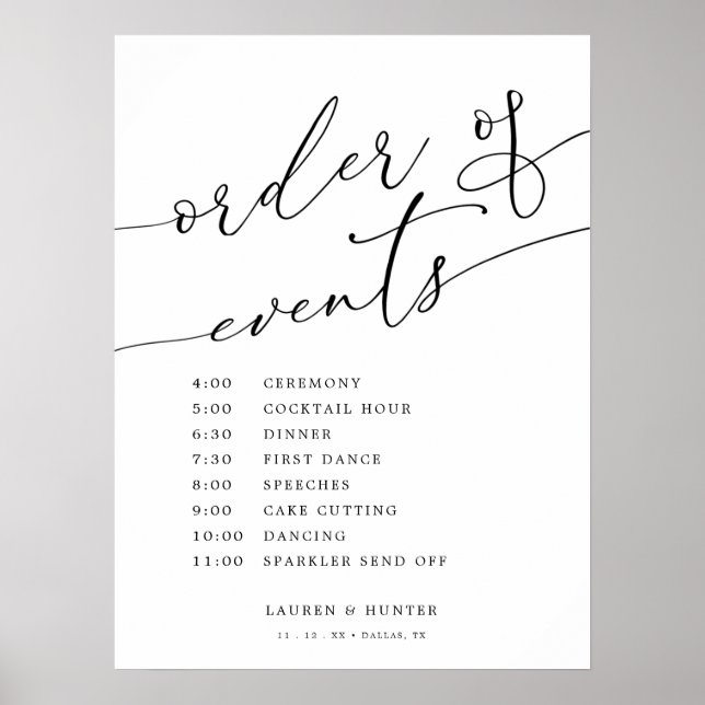 Elegant Calligraphy Bröllop Order of Events Sign Poster (Framsidan)