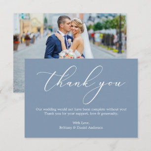Elegant Calligraphy Bröllop Photo Dusty Blue Tack Kort